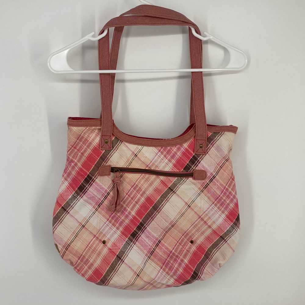 L.E.I Tote Hand Bag Purse 100% Cotton Exterior Lined Pink Plaid 16.5" x 14" x 2"